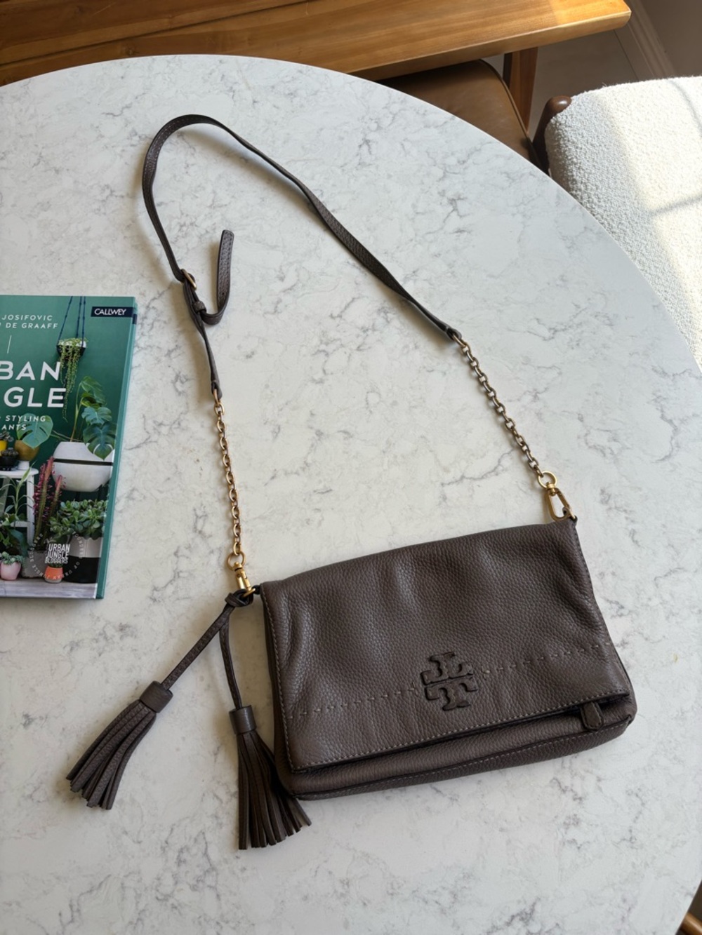 Tory Burch McGraw Fold-Over Pebbled Leather Crossbody with Tassels